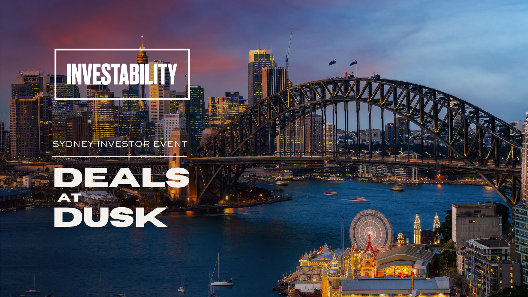 Deals at Dusk introduction showing Luna park, the Harbour Bridge and the Sydney city skyline